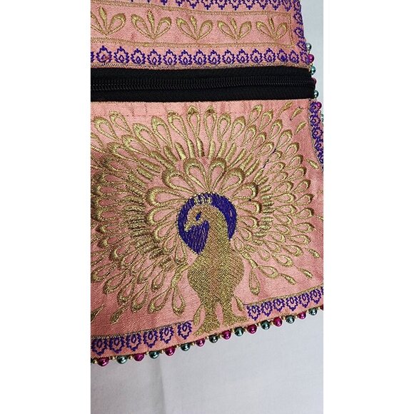 Pink Embroidered Peacock Crossbody Bag With Rainbow Beaded Strap & Zipper Pocket - Picture 6 of 10